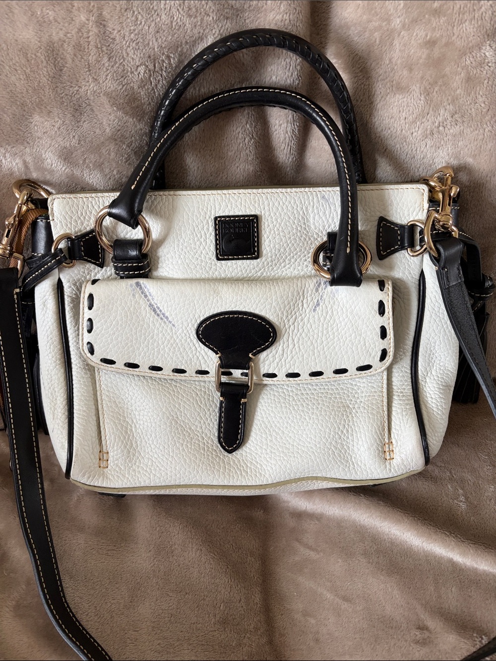 Dooney & Bourke White Leather Satchel with Black Trim & Gold Hardware